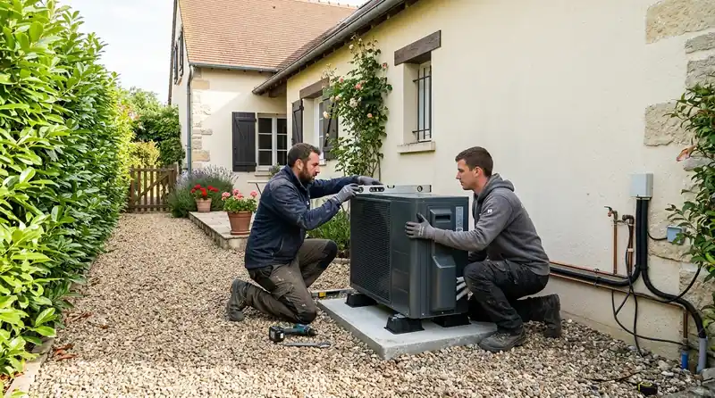 Installateur raccordant l'unité extérieure d'une pompe à chaleur dans le Essonne